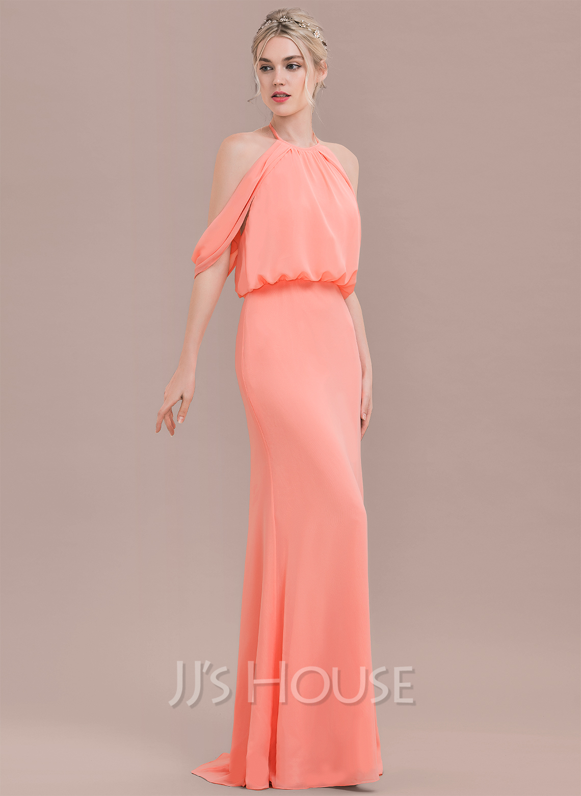 Trumpet Mermaid Scoop Neck Chiffon Wedding Dresses With Rhinestone Floor Length Elegant main image 1