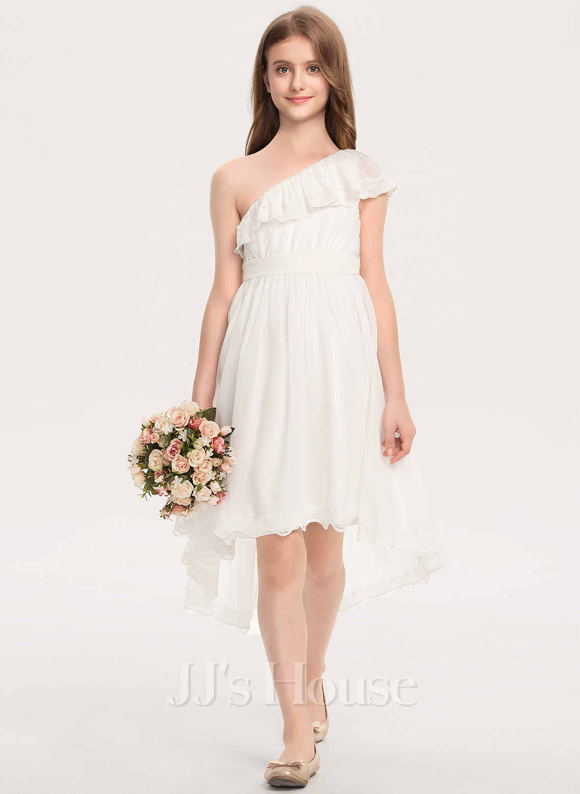One Shoulder Pleated A-line Junior Bridesmaid Dress Steel Grey main image 1