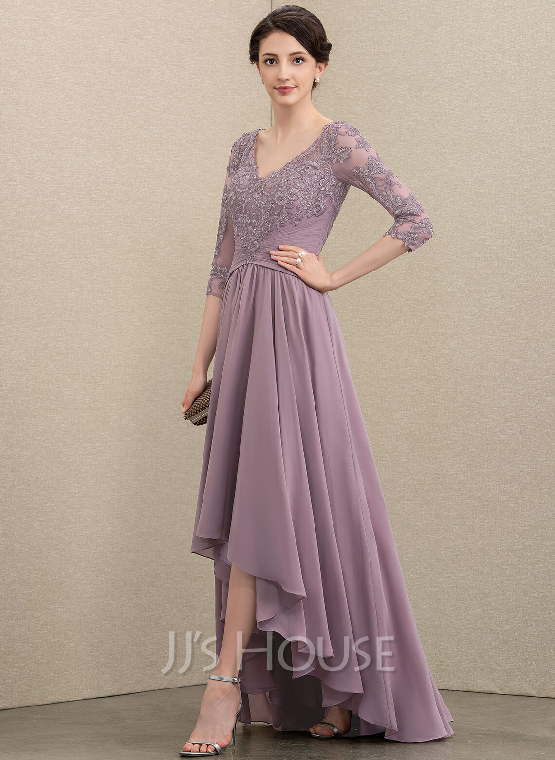 A-Line V-neck Asymmetrical Chiffon Lace Evening Dress With Sequins ...