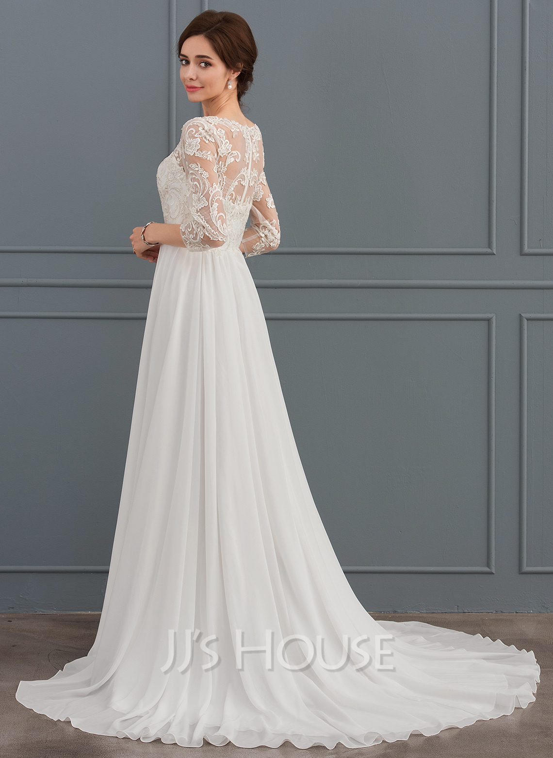 Designer Sweep Train Chiffon V-Neck Lace Backless Wedding Dress main image 1