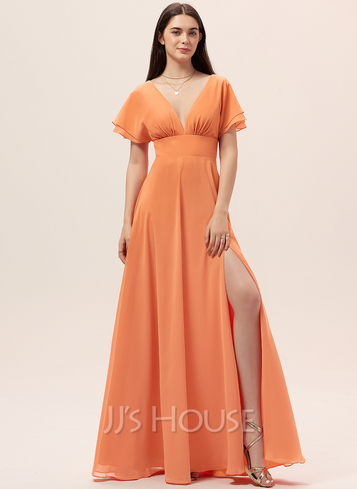 A-Line V-neck Floor-Length Chiffon Bridesmaid Dress With Split Front ...
