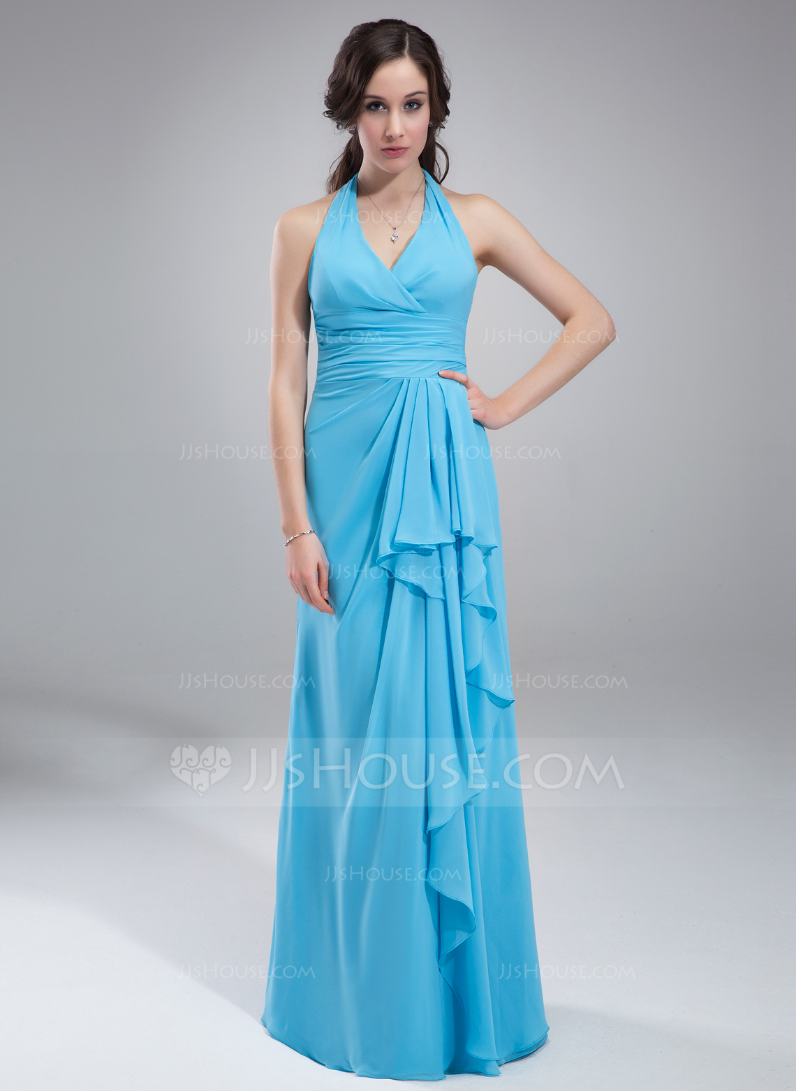 Stunning A-line Halter Empire Floor Length Chiffon Bridesmaid Gowns Flamingo