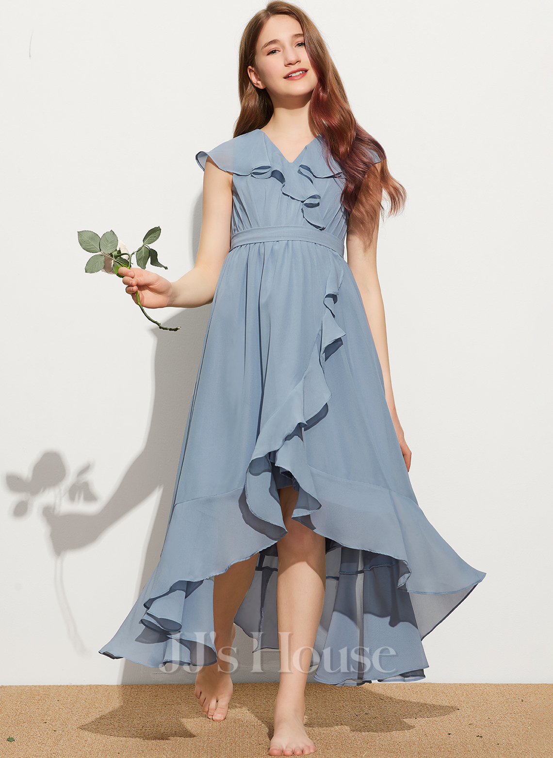 Flutter Sleeves V-neck Asymmetrical Junior Bridesmaid Dresses Olive Green