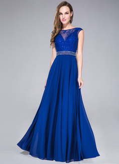 A-Line/Princess Scoop Neck Floor-Length Chiffon Prom Dresses With Beading Sequins 