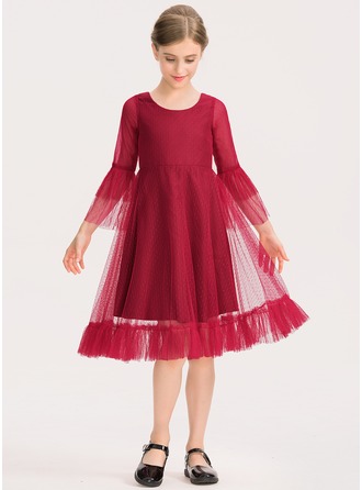 A-Line Jewel Neck Lace/Tulle Junior Bridesmaid Dress with Bow(s) for Wedding Party