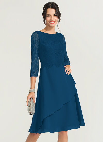 A-line Scoop Knee-Length Chiffon Lace Cocktail Dress 
