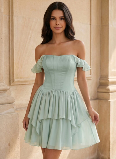 Kleid mit Carmen-Ausschnitt Rüschen aus Satin