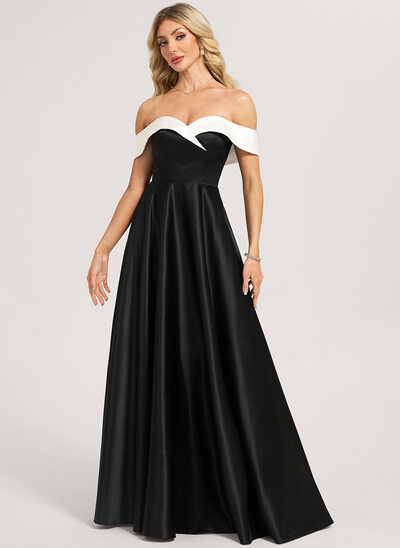 bridal shower dress for bride fall Off the Shoulder Black Satin Long Prom Dresses with High Slit, Off Sho –  morievent