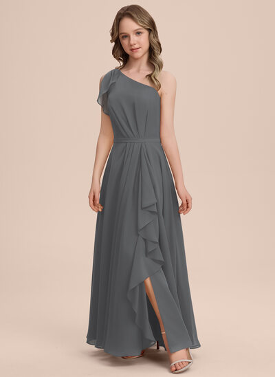 A-line One Shoulder Cascading Ruffles Chiffon Dress