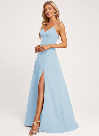 sachin and babi light blue dress Zapakasa Women Blue Floral Chiffon Long Bridesmaid Dress A Line Lace Up  Back Wedding Guest Dress with Bows main image 1