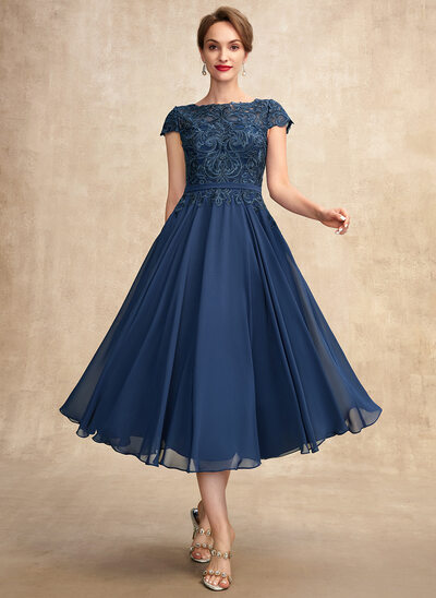 A-line Scoop Tea-Length Lace Chiffon Mother of the Bride Dress 