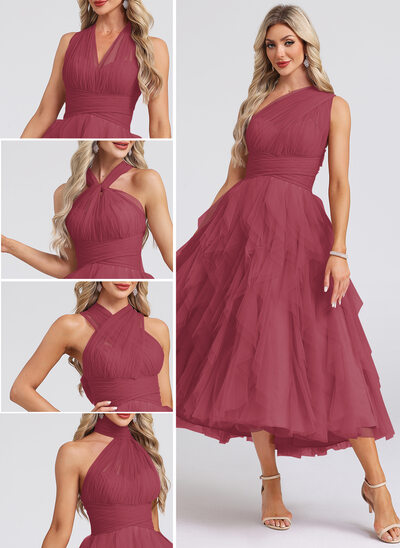 Vestido midi con volantes en cascada de tul