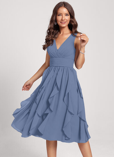 Kjole Midi i Chiffon med Brusende Volanger