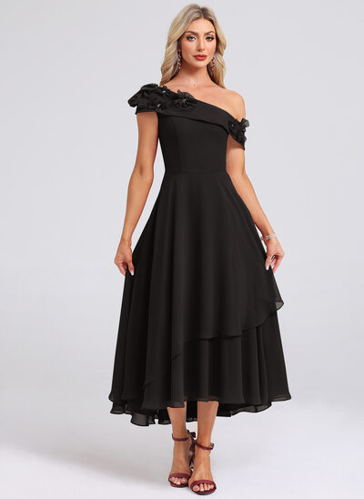 One Shoulder 3D Floral Chiffon Midi Dress