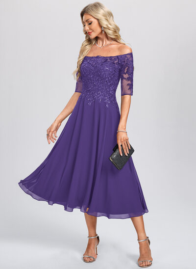 Off the Shoulder Chiffon Midi Dress