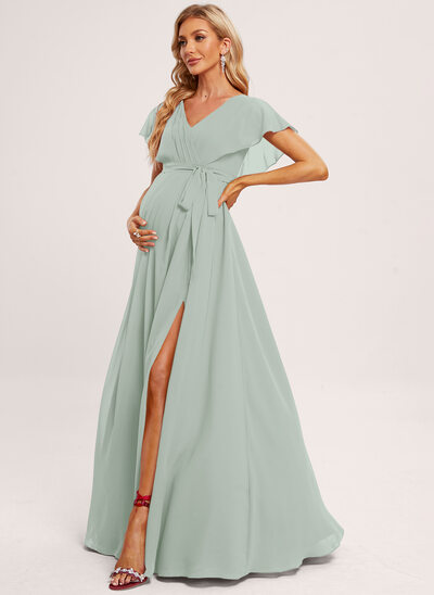 maternity green bridesmaid dress ZAPAKA Women Ruffles Green Maternity Bridesmaid Dress with Lace-up Back A Line Long Wedding Party Dress, Green / US8 main image 1