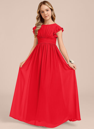 lighthouse bridesmaid dresses BABARONI Chiffon Rust Junior Bridesmaid Dresses A-line Off-the-shoulder  Flutter Sleeve Ruffles Floor-length main image 0