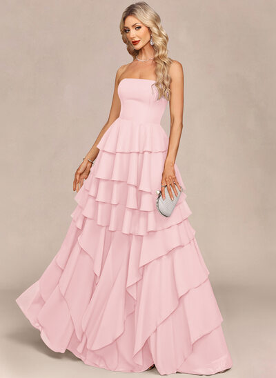 Strapless Cascading Ruffles Chiffon Maxi Dress