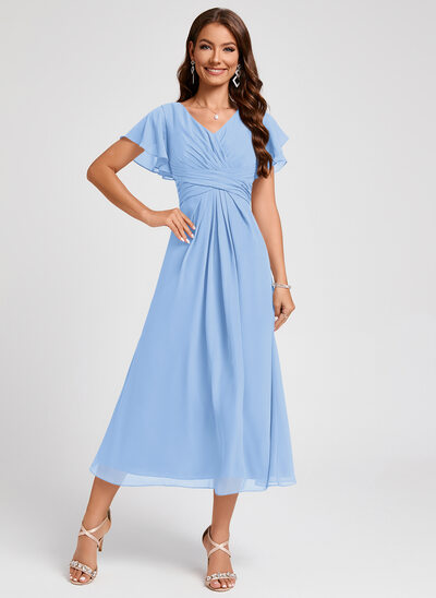 knee length dresses for ladies Claire Midi Dress, in Steel Blue Chiffon, Size: 2XL | Show Me Your Mumu main image 0