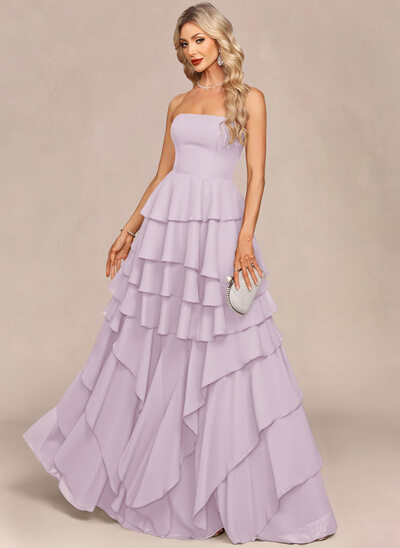 Vestido maxi con palabra de honor volantes en cascada de gasa