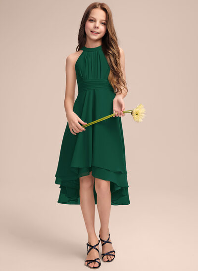 green dress teen Emerald Green Ruffled Straps A-Line Bridesmaid Dress with Slit –  FancyVestido