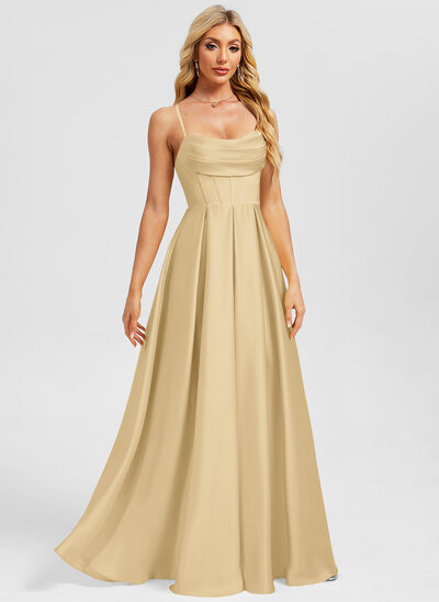 Kleid mit Wasserfall-Ausschnitt Spaghettiträger Plissee aus Matter Satin