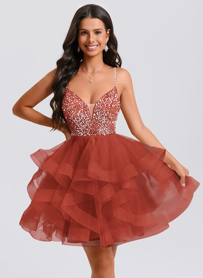 V-Neck Spaghetti Straps Sequins Tulle Dress