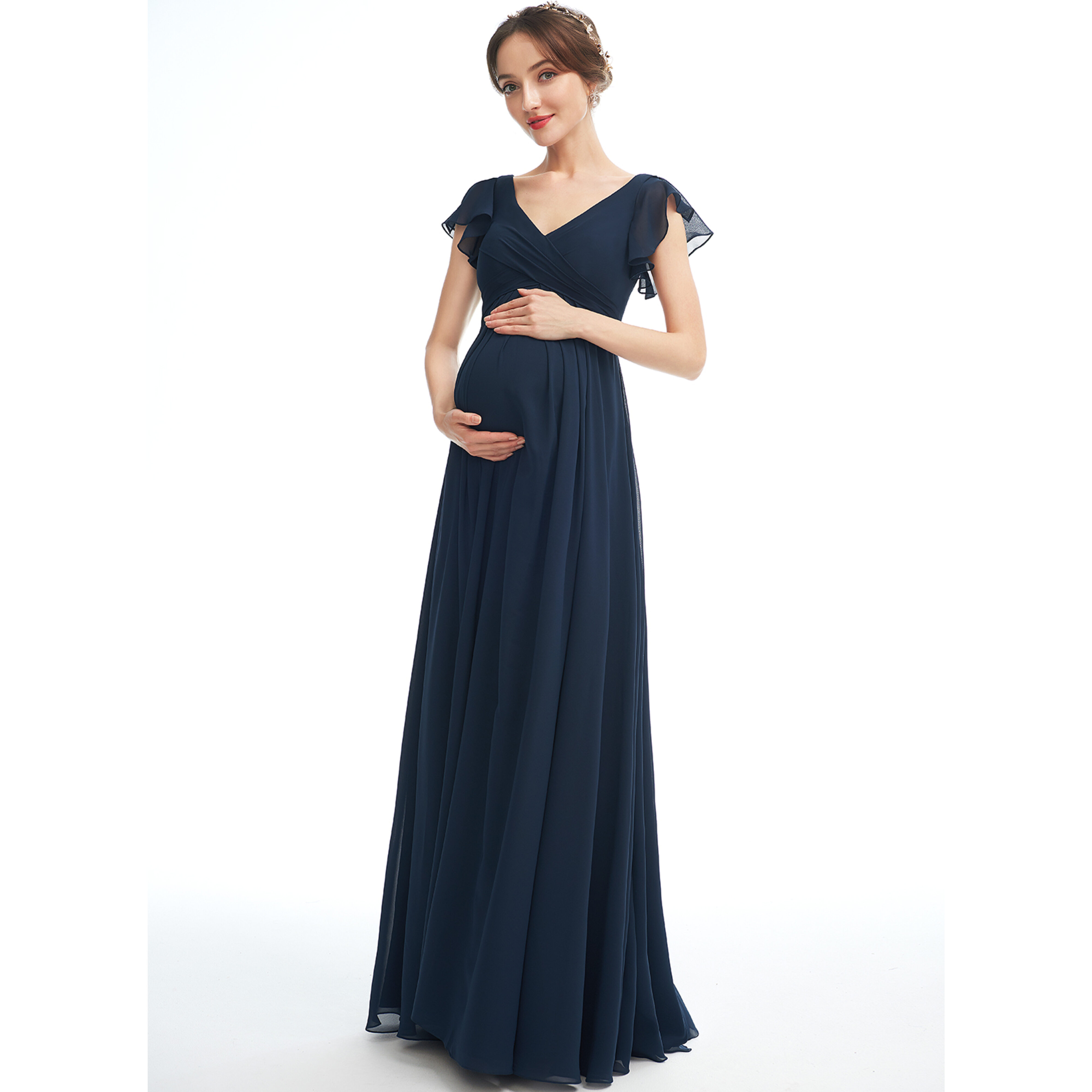 navy blue maternity bridesmaid dress Long Mocha Bridesmaid Dresses V-Neck Cap Sleeves Chiffon Bridesmaid Dr main image 1
