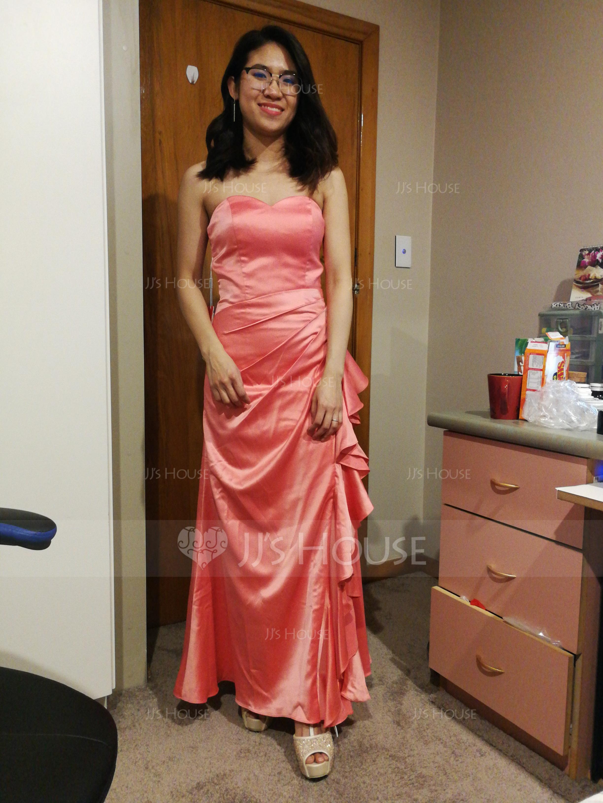 Satin Sheath Sweetheart Strapless Ruched Floor-Length Formal Evening Dress with Trail main image 0